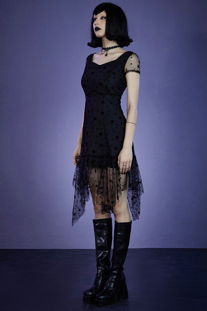 Gothic Black Party Stars Flocking Double Layered Irregular Hem Midi Dress [Pre-Order]