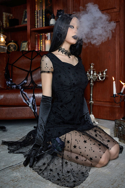 Gothic Black Party Stars Flocking Double Layered Irregular Hem Midi Dress [Pre-Order]