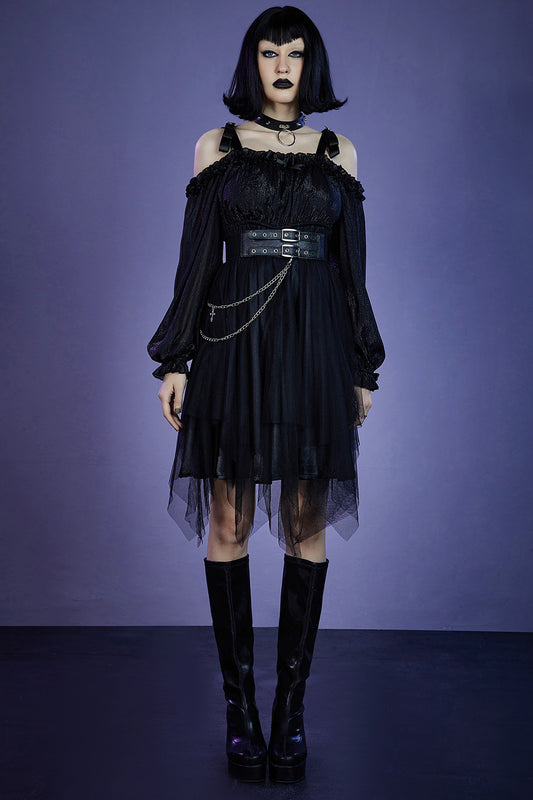 Gothic Black Party Mesh Chain Irregular Lantern Sleeve Lettuce Trim Midi Dress (With Belt ) [Pre-Order]