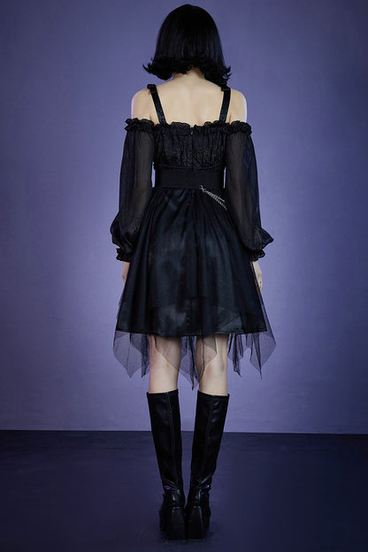 Gothic Black Party Mesh Chain Irregular Lantern Sleeve Lettuce Trim Midi Dress (With Belt ) [Pre-Order]