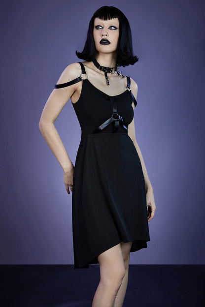 Gothic Black Casual Straps Irregular Hem Sleeveless Midi Dress