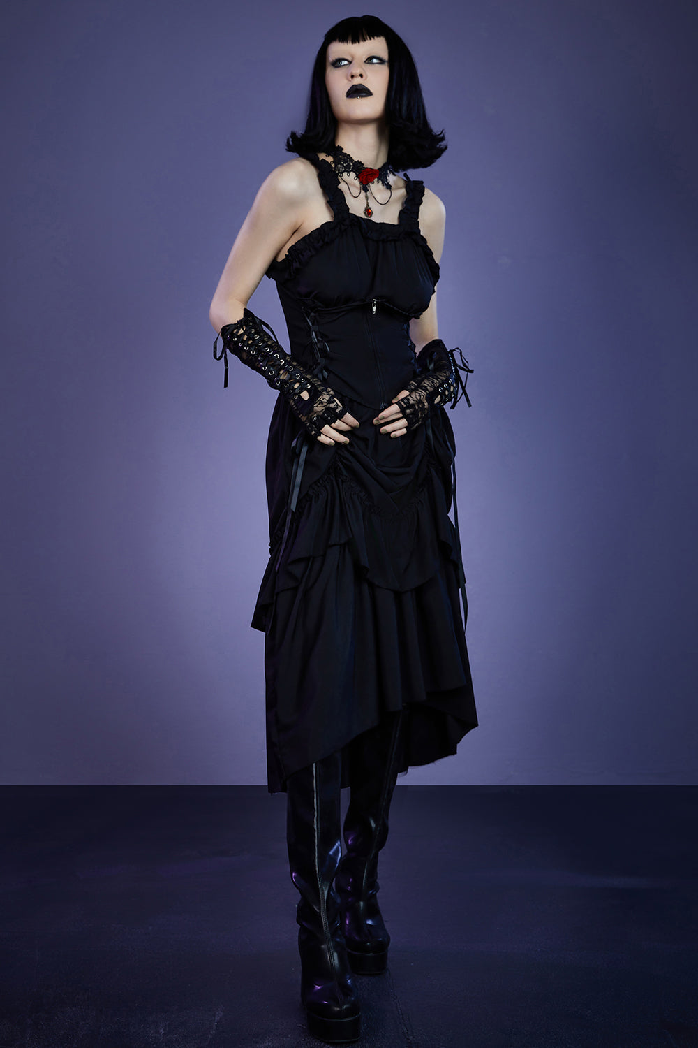Gothic Black Party Cami Lace Ruffle Lace Up Cinched Waist Irregular Hem Midi Dress