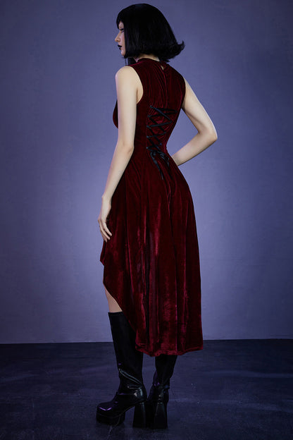 Gothic Red Party Velvet Lace Up High Low Midi Dress