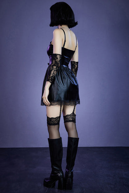Gothic Black Party Patchwork Lace Cami With Gloves Socks Choker Shoulder Straps Six Pieces Dress Set