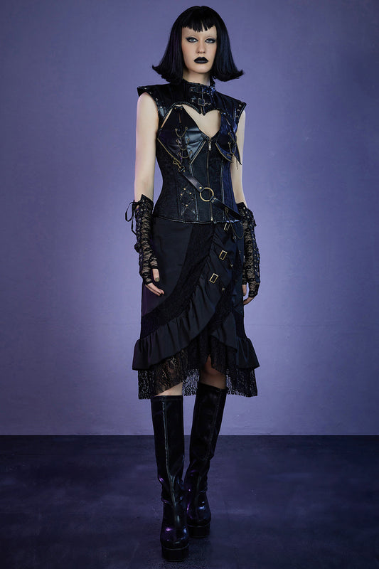 Gothic Black Party Patchwork Lace Ruffle Irregular Hem Split Skirt