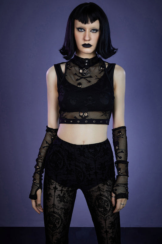 Gothic Black Party Mesh See-through Skeleton Lace Tank Top (With Gloves)