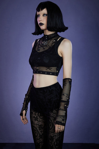 Gothic Black Party Mesh See-through Skeleton Lace Tank Top (With Gloves)
