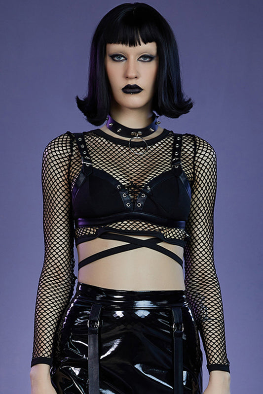 Gothic Black Party Mesh See-through Cross Straps Long Sleeve Blouse