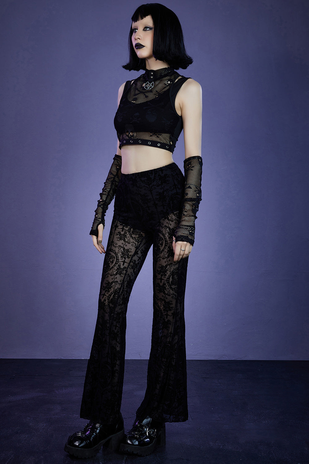 Gothic Black Party Lace See-through High Waist Bell Bottom Pants