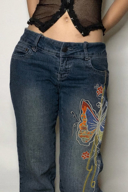 Butterfly Embroidery Low Waist Denim Bootcut Jeans