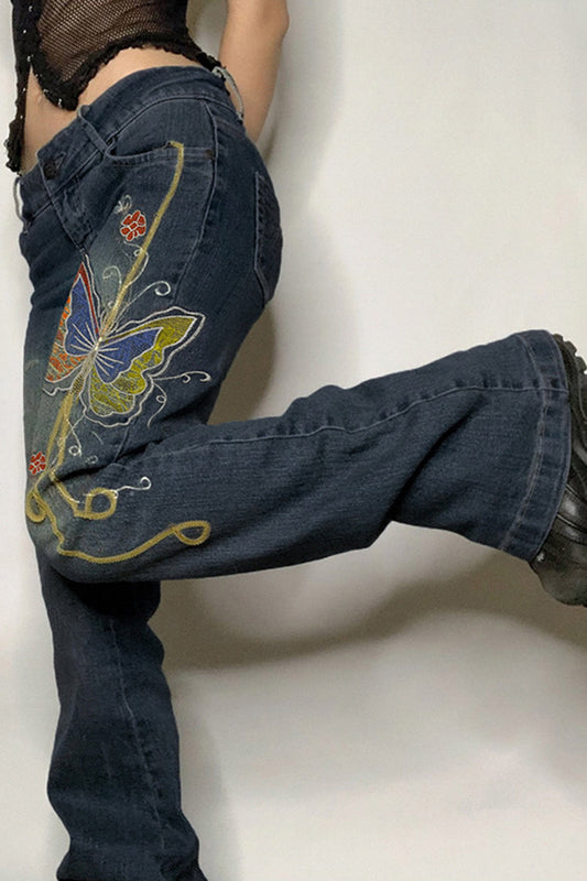 Butterfly Embroidery Low Waist Denim Bootcut Jeans
