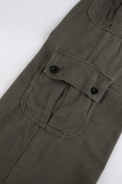 Low Waist Dual Row Buttons Denim Cargo Jeans