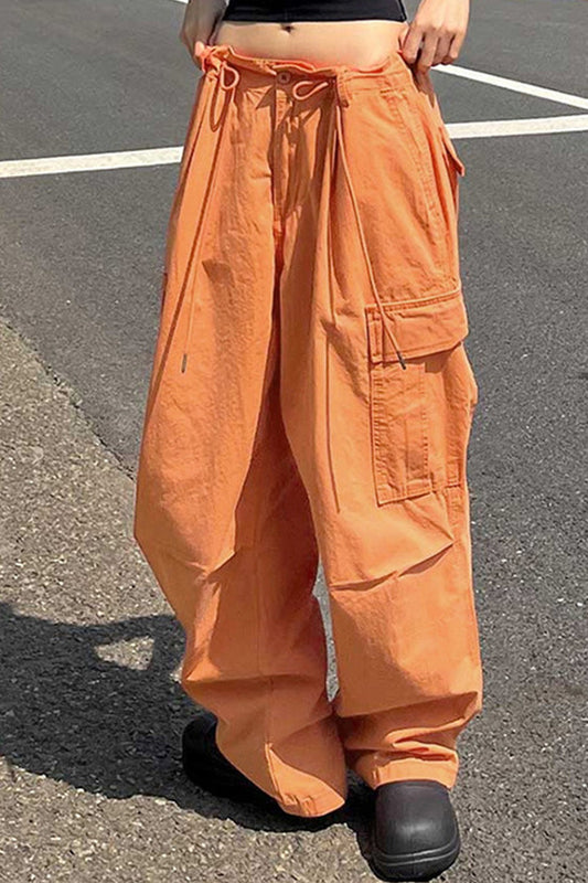Pockets Lace Up Wide Leg Orange Cargo Pants