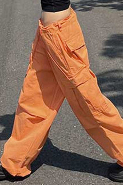 Pockets Lace Up Wide Leg Orange Cargo Pants