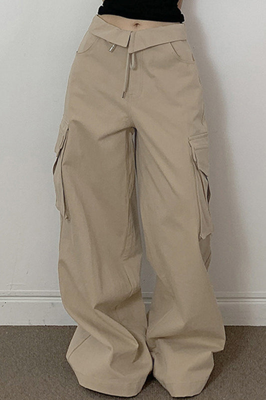 Cuffed Waist Drawstring Pockets Khaki Cargo Pants