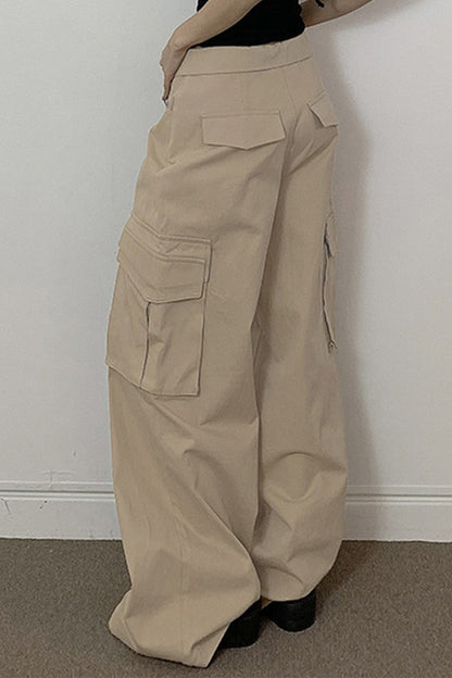 Cuffed Waist Drawstring Pockets Khaki Cargo Pants