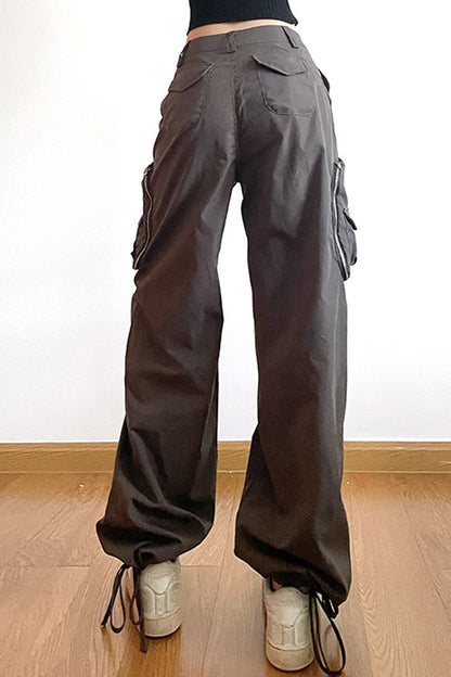 High Waist Zipper Pockets Grey Cargo Pants