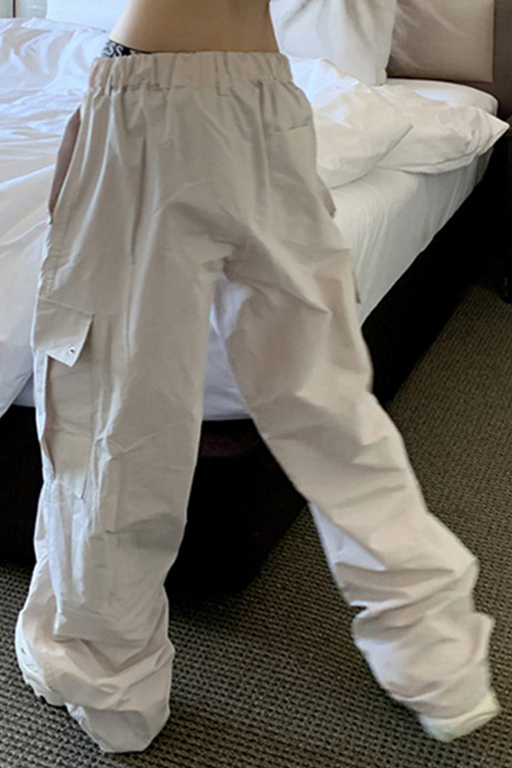 Drawstring Large Pockets Gray White Cargo Pants