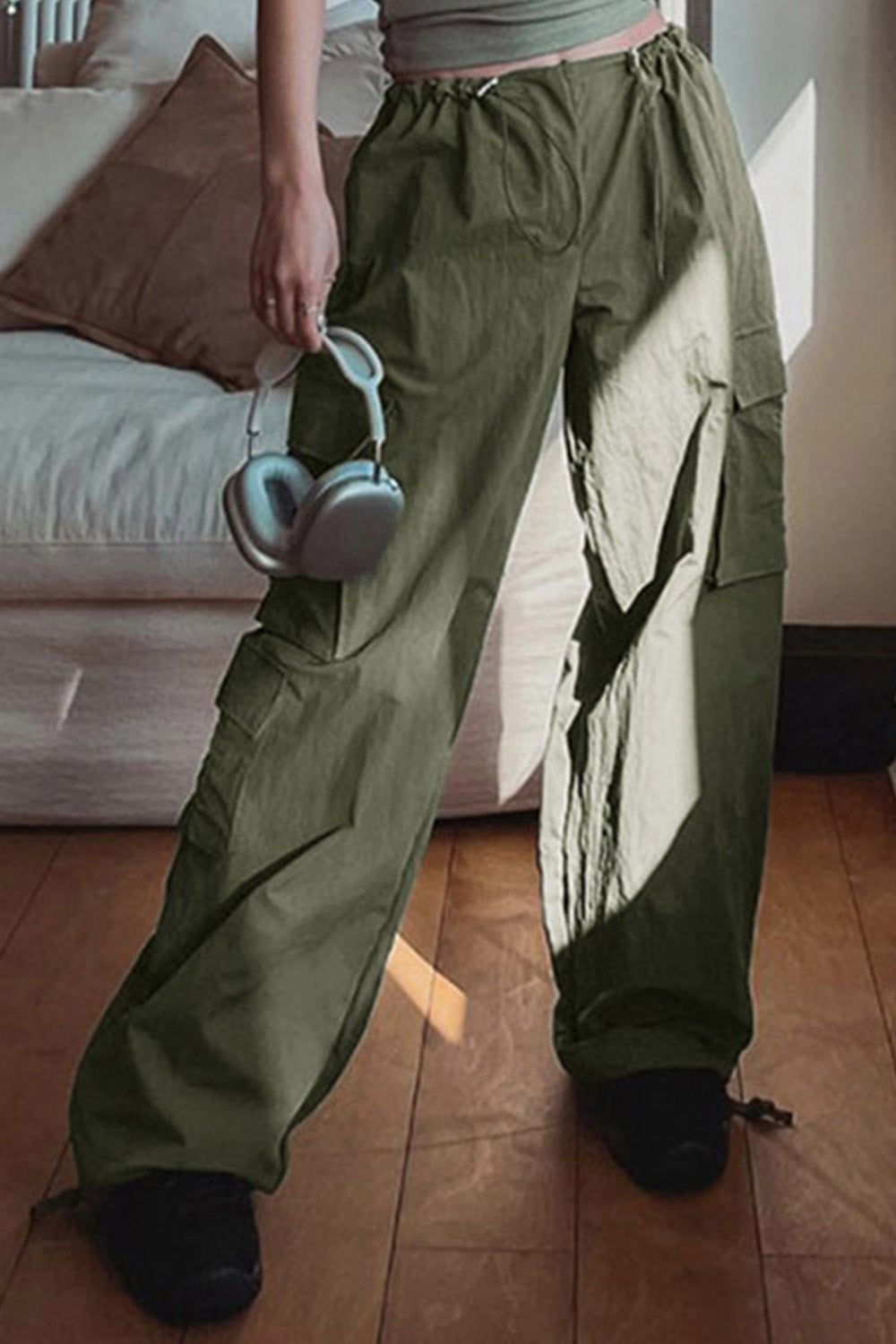 Drawstring Fold Multi-Pocket Wide Leg Cargo Pants