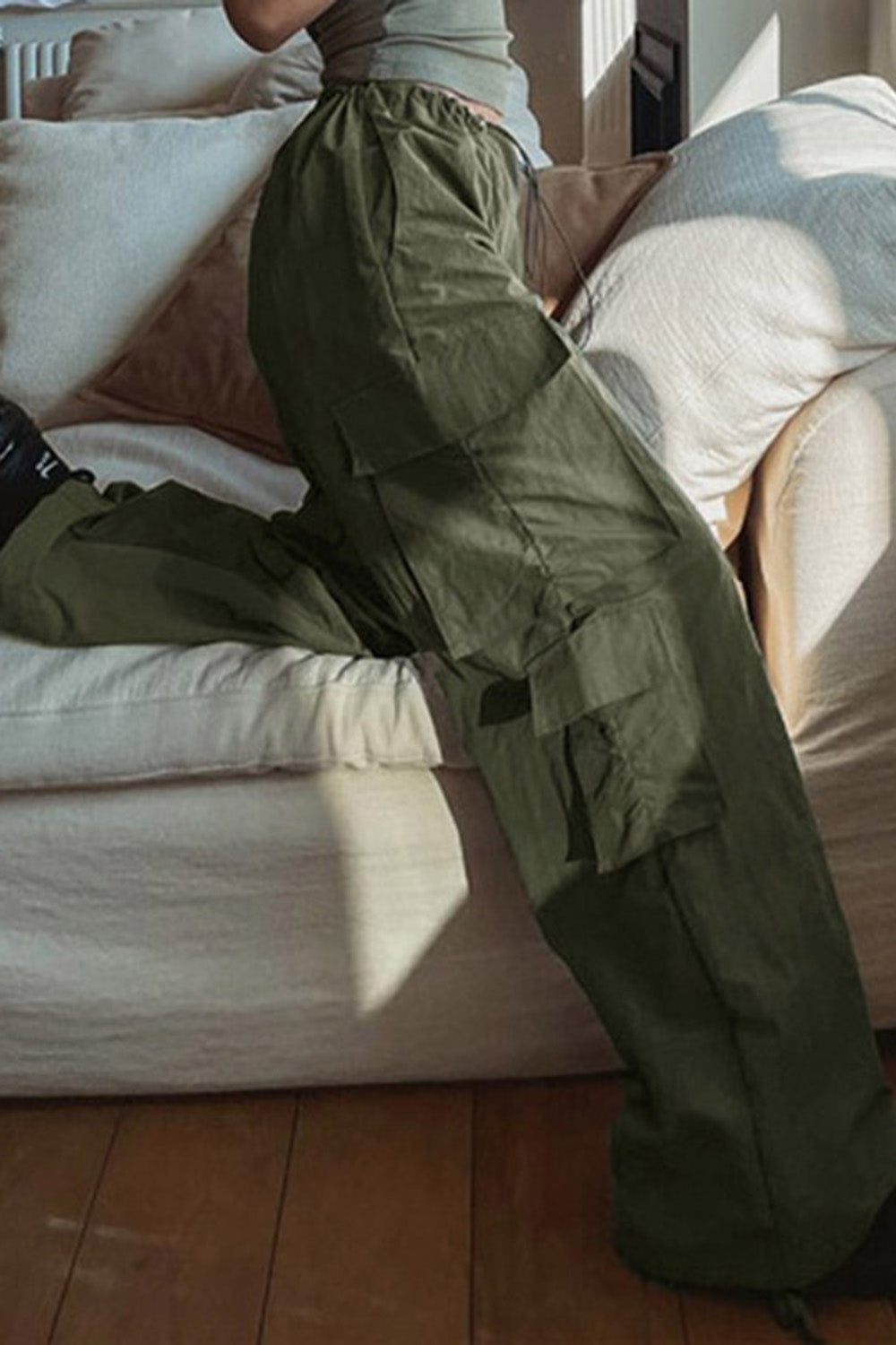 Drawstring Fold Multi-Pocket Wide Leg Cargo Pants