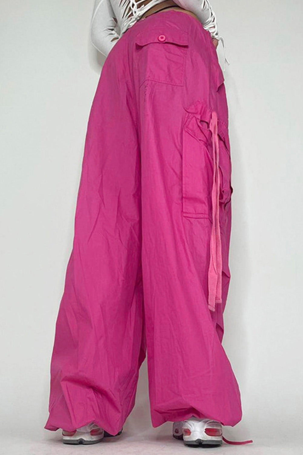 Drawstring Straps Pockets Pink Cargo Pants