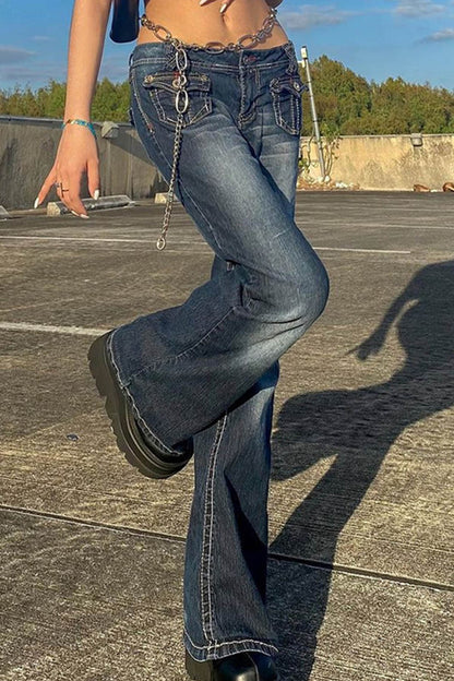 Low Waist Utility Pocket Denim Flare Bottom Jeans