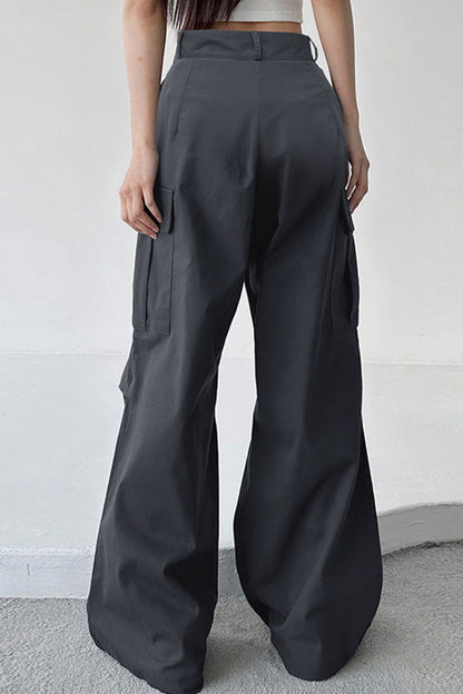 High Waist Fold Pockets Wide Leg Gray Cargo Pants