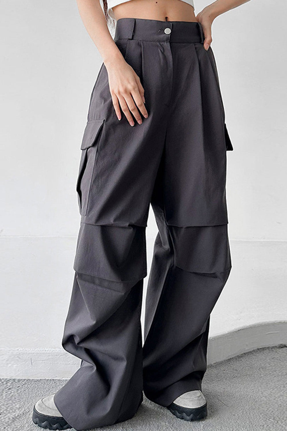 High Waist Fold Pockets Wide Leg Gray Cargo Pants