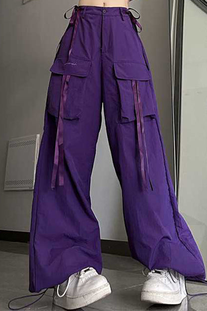 Pockets Straps Lace Up Dark Purple Cargo Pants