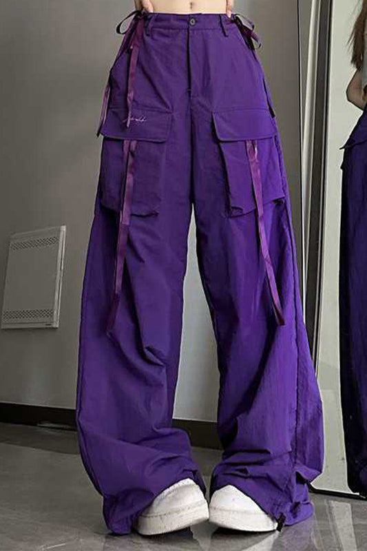 Pockets Straps Lace Up Dark Purple Cargo Pants