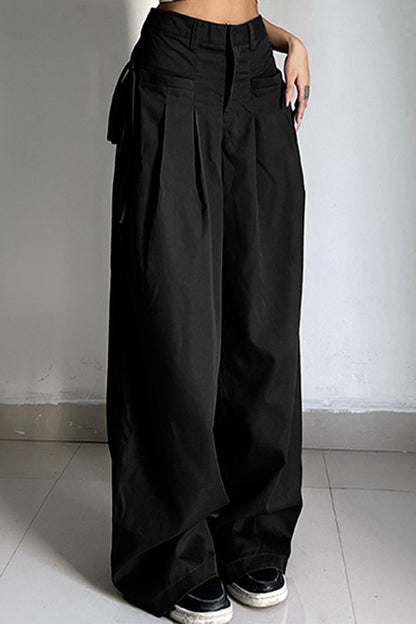 Low Waist Pleated Straps Pockets Pants