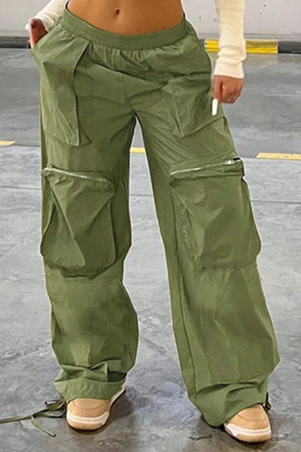 Pocket Zipper Elastic Waist Cargo Pants