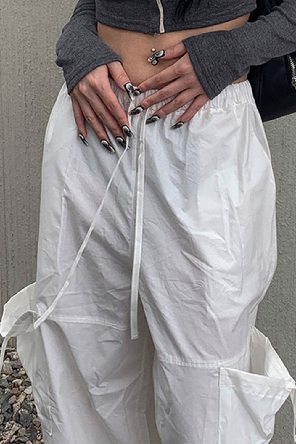 Drawstring Large Pockets White Cargo Pants