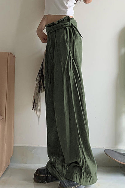 Pleated Solid Belt Army Green Cargo Pants