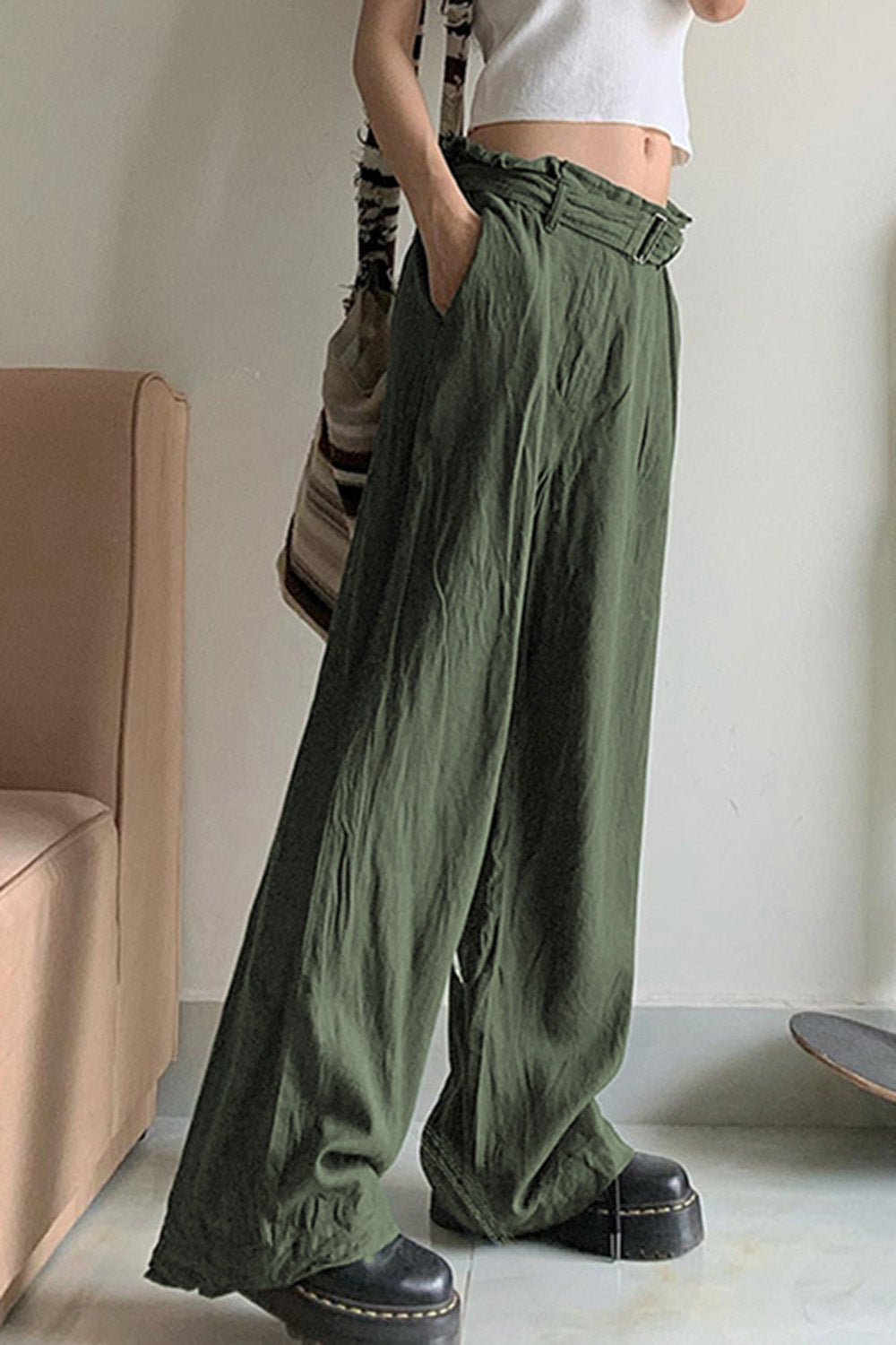 Pleated Solid Belt Army Green Cargo Pants