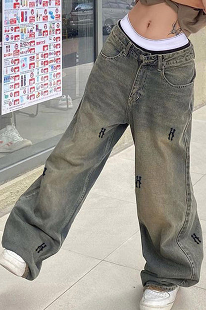 Letter Pattern Wide Leg Denim Jeans
