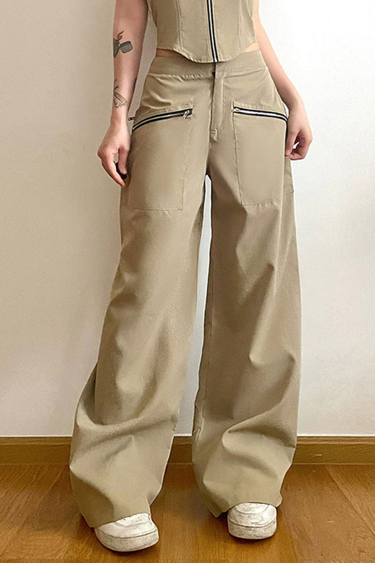 Zipper Pocket Solid Khaki Cargo Pants