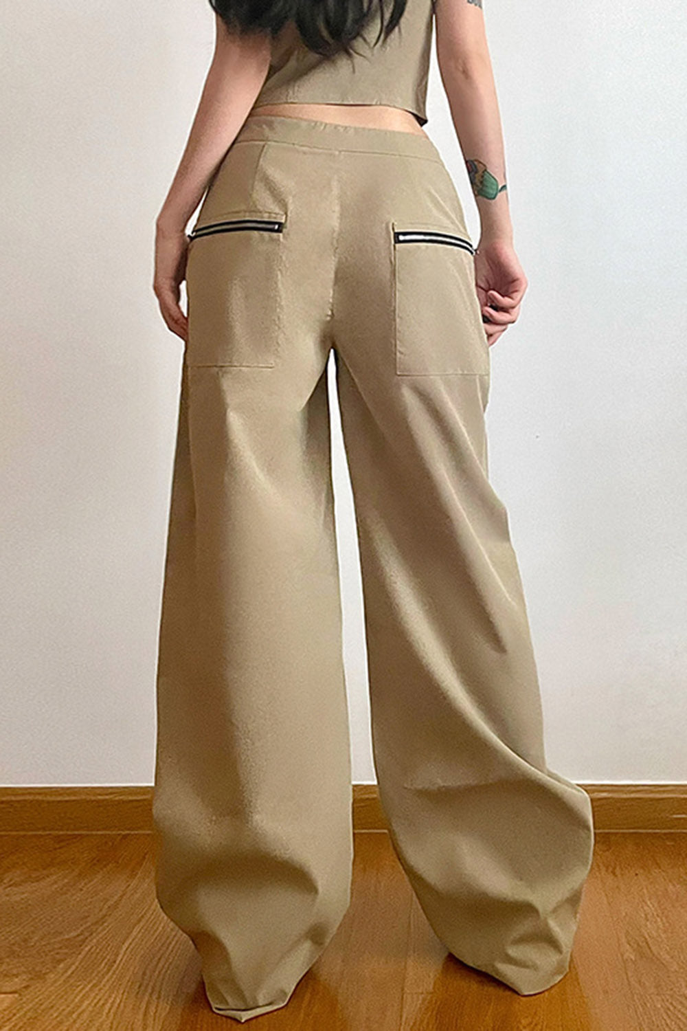 Zipper Pocket Solid Khaki Cargo Pants