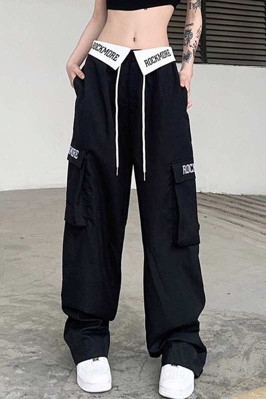 Letter Embroidery Contrast Binding Black Cargo Pants