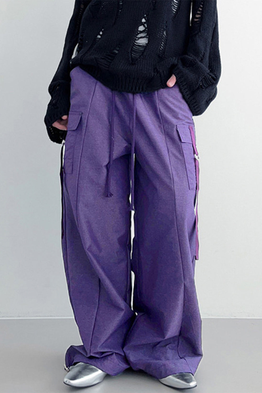 Drawstring Pockets Straps Purple Cargo Pants