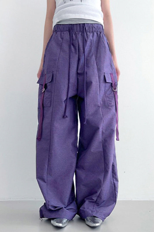 Drawstring Pockets Straps Purple Cargo Pants