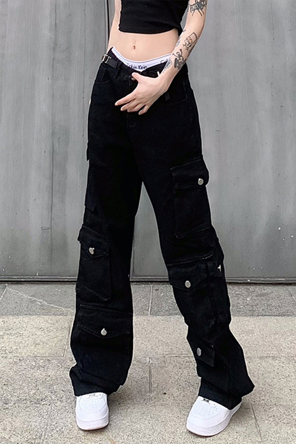 Straight Leg Multi-Pocket Denim Cargo Jeans