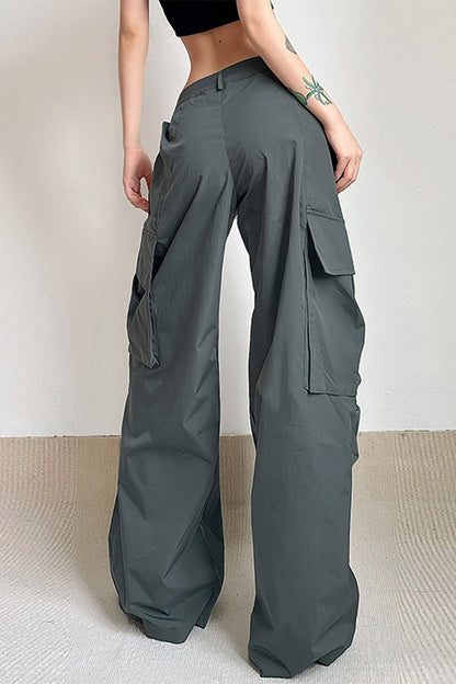 Solid Fold Large Pockets Green Cargo Pants