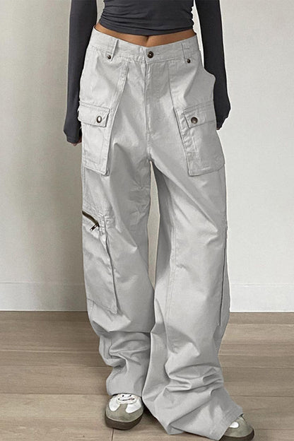 Big Pocket Zipper Wide Leg Denim Cargo Jeans