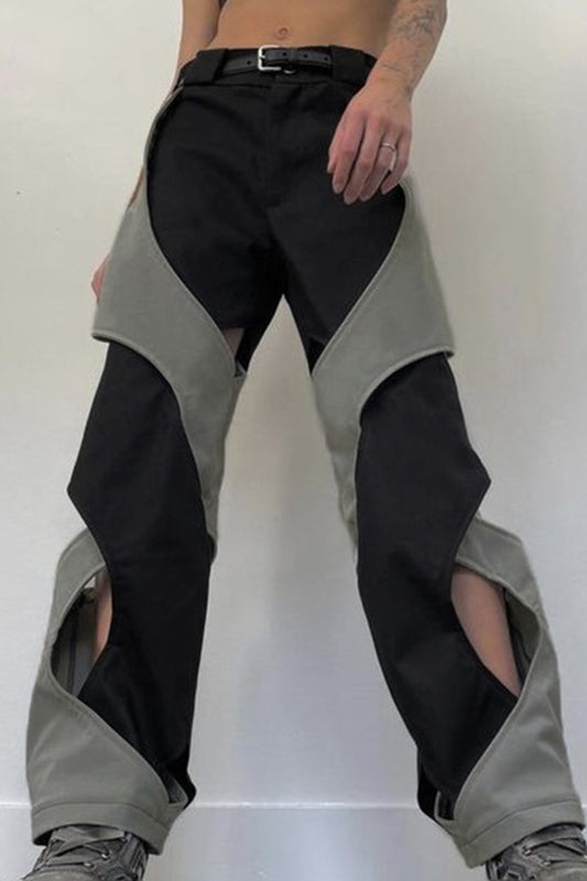 Contrast Binding Hollow Out Grey Cargo Pants