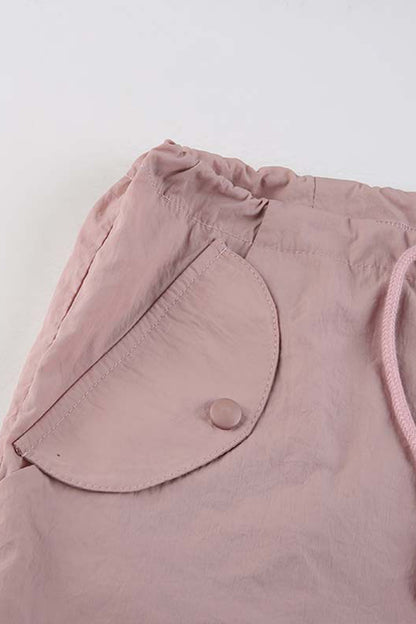Solid Big Pockets Drawstring Pink Cargo Pants