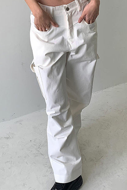 High Waist Solid Fold Pockets White Cargo Pants