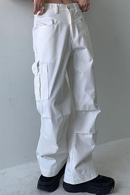 High Waist Solid Fold Pockets White Cargo Pants