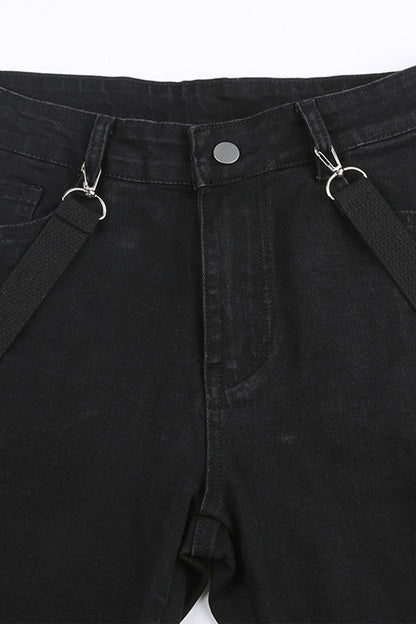 Grommet Studded Straps Denim Flare Jeans