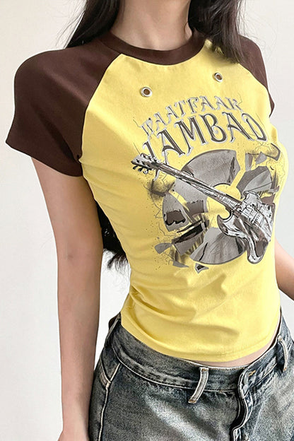 Contrast Color Letter Band Pattern Yellow T-Shirt